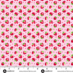 Pink quilting fabric with red strawberries and tiny hearts allover print by Andover