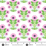 Pink daisy bouquet print fabric on white background by Andover Fabrics