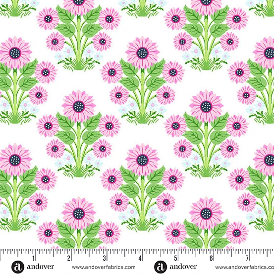 Pink daisy bouquet print fabric on white background by Andover Fabrics