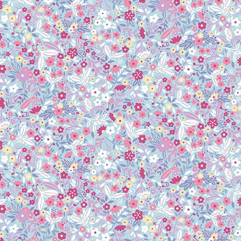 Blue floral cotton fabric with pink, white, and lavender small flowers and leaves