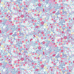 Blue floral cotton fabric with pink, white, and lavender small flowers and leaves