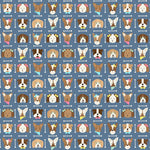Blue fabric with repeating cartoon dog faces and white bones in a grid pattern.
