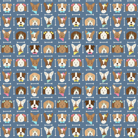 Blue fabric with repeating cartoon dog faces and white bones in a grid pattern.