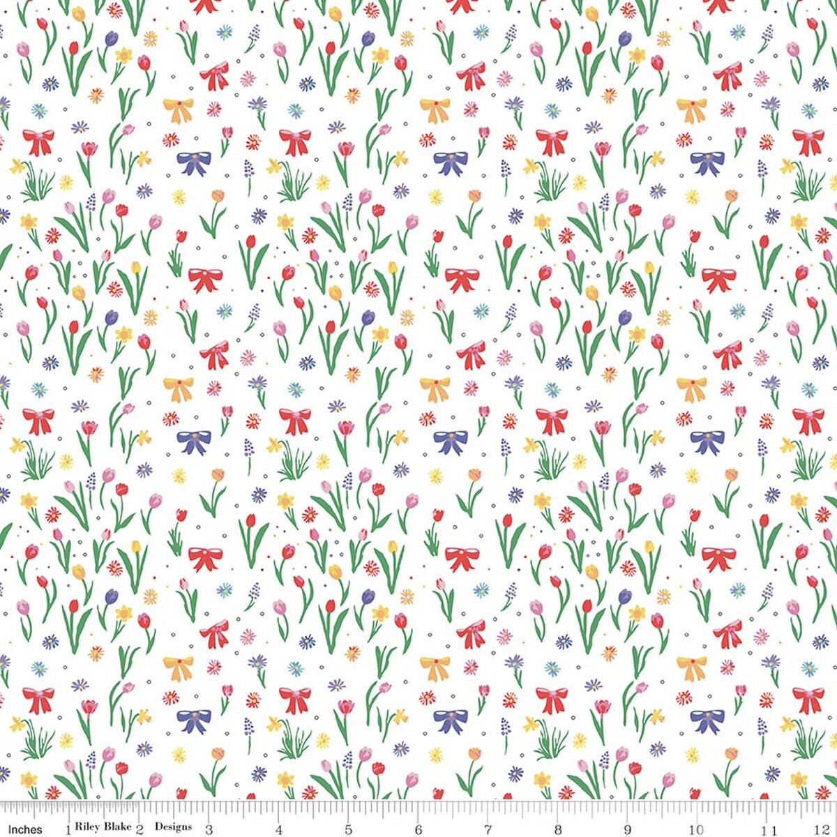 White quilting fabric with colorful tulips, spring flowers, and ribbon bows scattered pattern