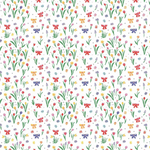 White fabric with colorful tulips, small flowers, and ribbon bows scattered throughout
