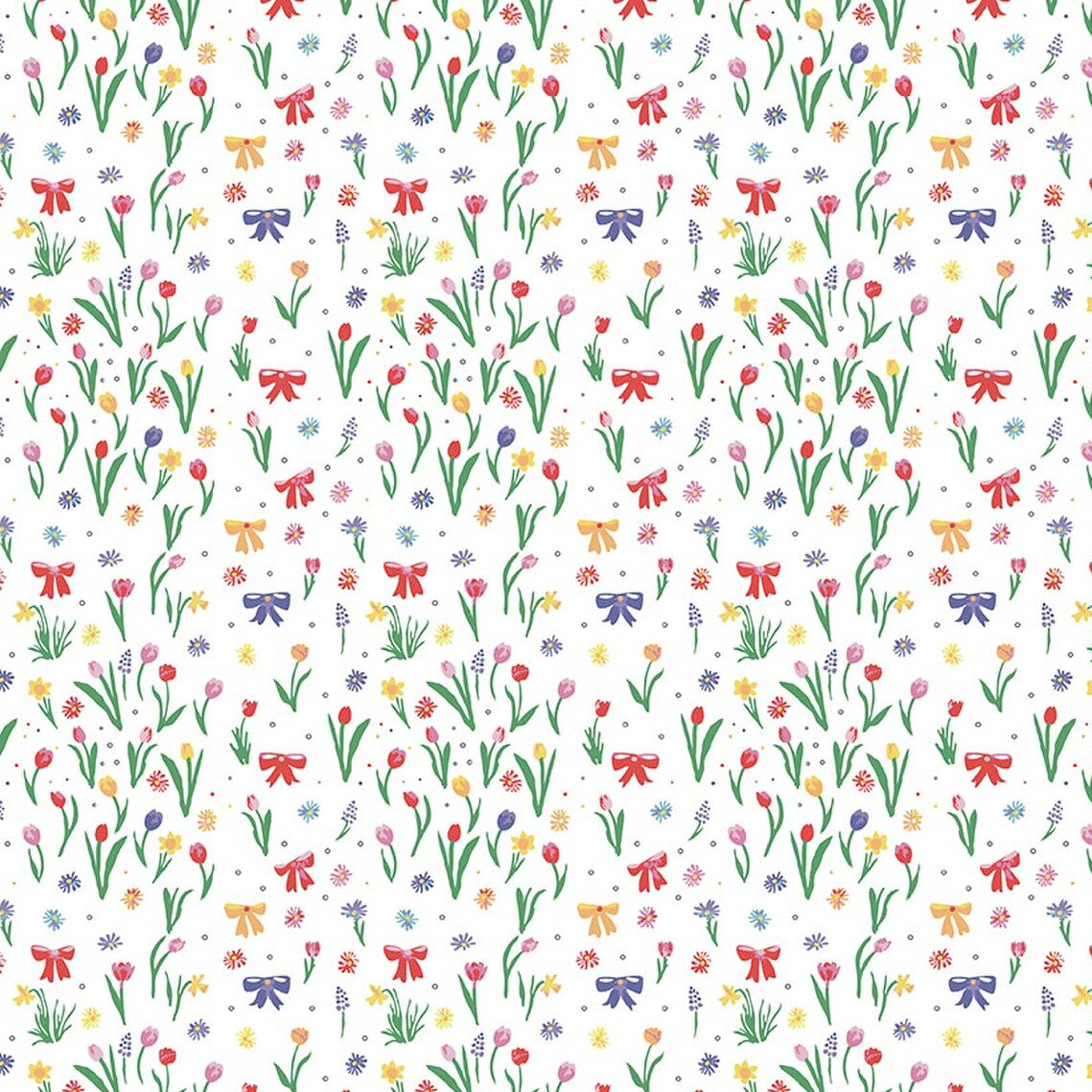 White fabric with colorful tulips, small flowers, and ribbon bows scattered throughout