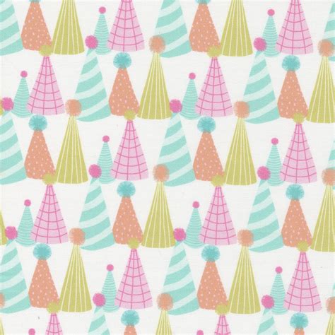 White fabric with colorful pastel party hats in pink, mint, orange, and yellow-green