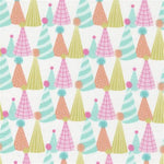 White fabric with colorful pastel party hats in pink, mint, orange, and yellow-green