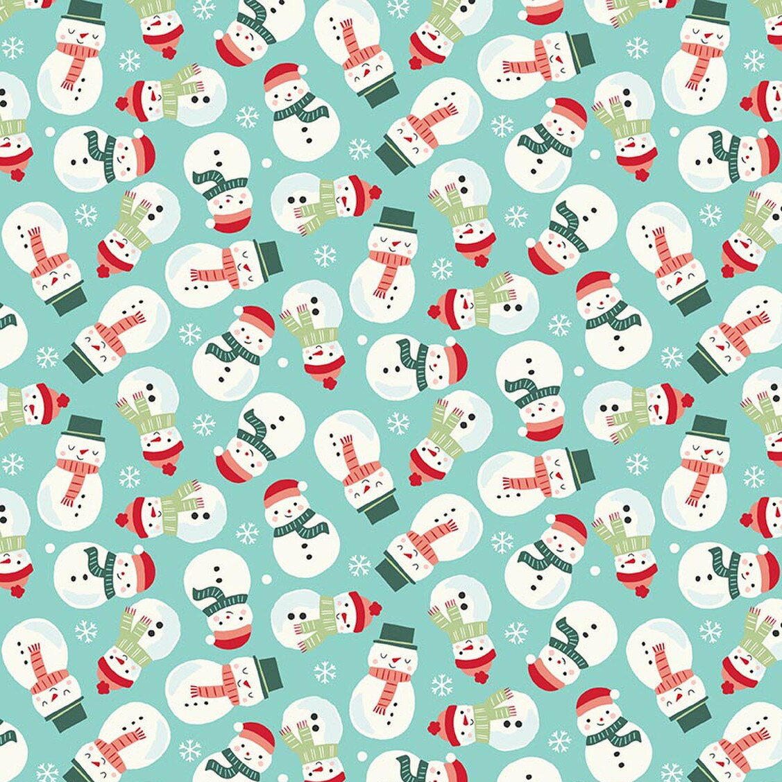 Aqua flannel fabric with tossed snowmen, snow globes, and snowflakes in red and green