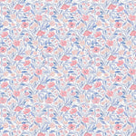 White cotton fabric with pink poppy flowers and blue-lavender leaves allover pattern