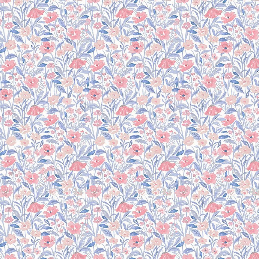 White cotton fabric with pink poppy flowers and blue-lavender leaves allover pattern