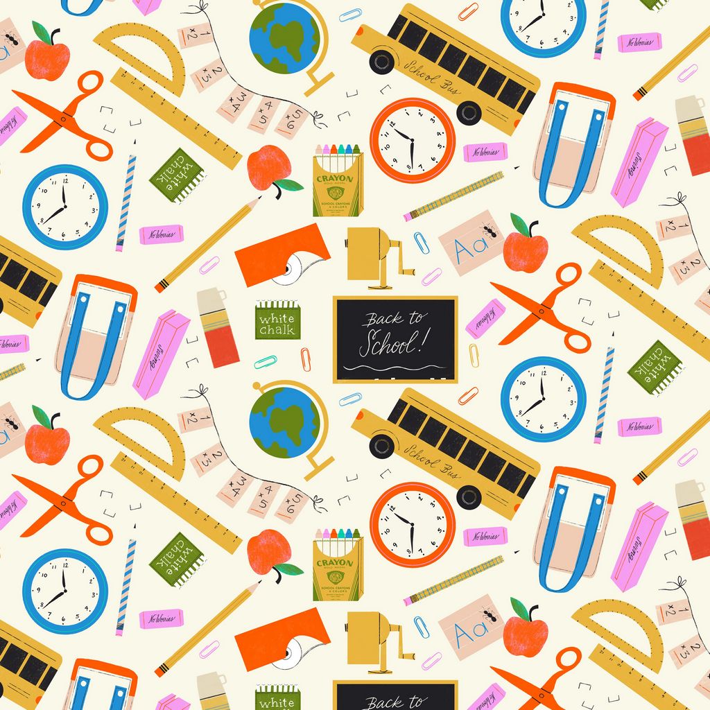 Cream cotton fabric with colorful back-to-school items: buses, clocks, apples, rulers, crayons.