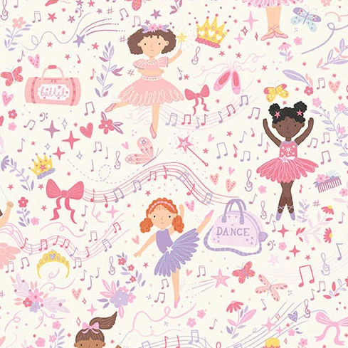 Cream cotton fabric with ballerina girls, music notes, bows, and dance bags in pink and lavender