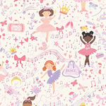 Cream cotton fabric with ballerina girls, music notes, bows, and dance bags in pink and lavender