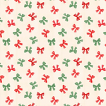 Cream fabric with scattered red and green watercolor bow pattern, Christmas holiday design