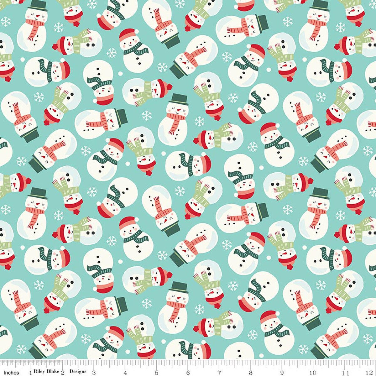 Aqua flannel fabric with tossed snowmen in red, green, and white holiday pattern