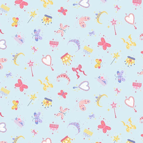 Light blue cotton fabric with scattered princess motifs butterflies wands tiaras bows