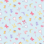 Light blue cotton fabric with scattered princess motifs butterflies wands tiaras bows