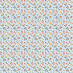 Blue cotton fabric with small scattered strawberries, pears, peaches, blueberries, and flowers.