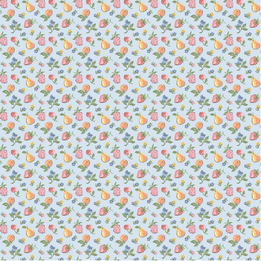 Blue cotton fabric with small scattered strawberries, pears, peaches, blueberries, and flowers.