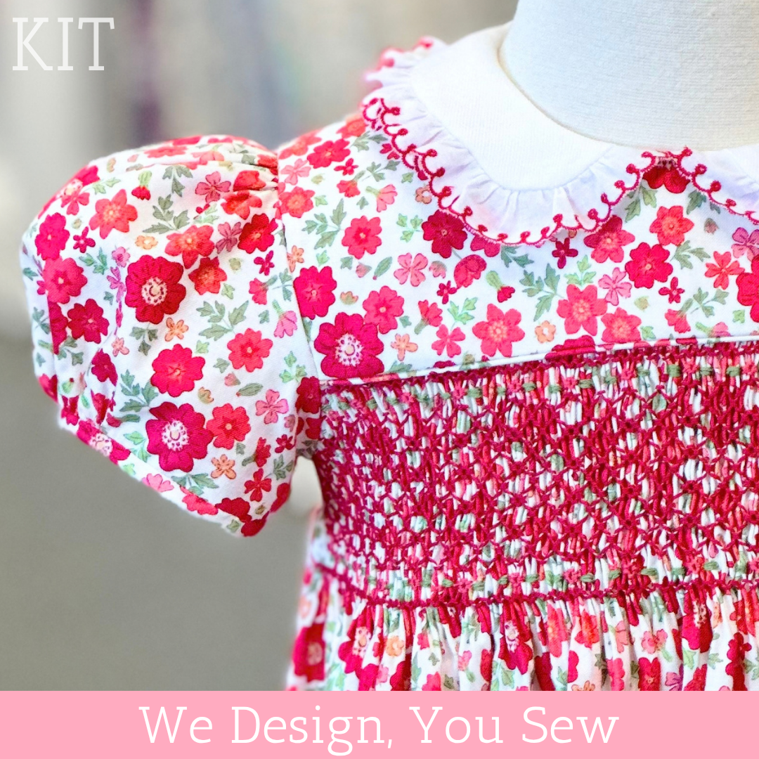 Red floral smocked girls dress kit with puff sleeves and embroidered collar
