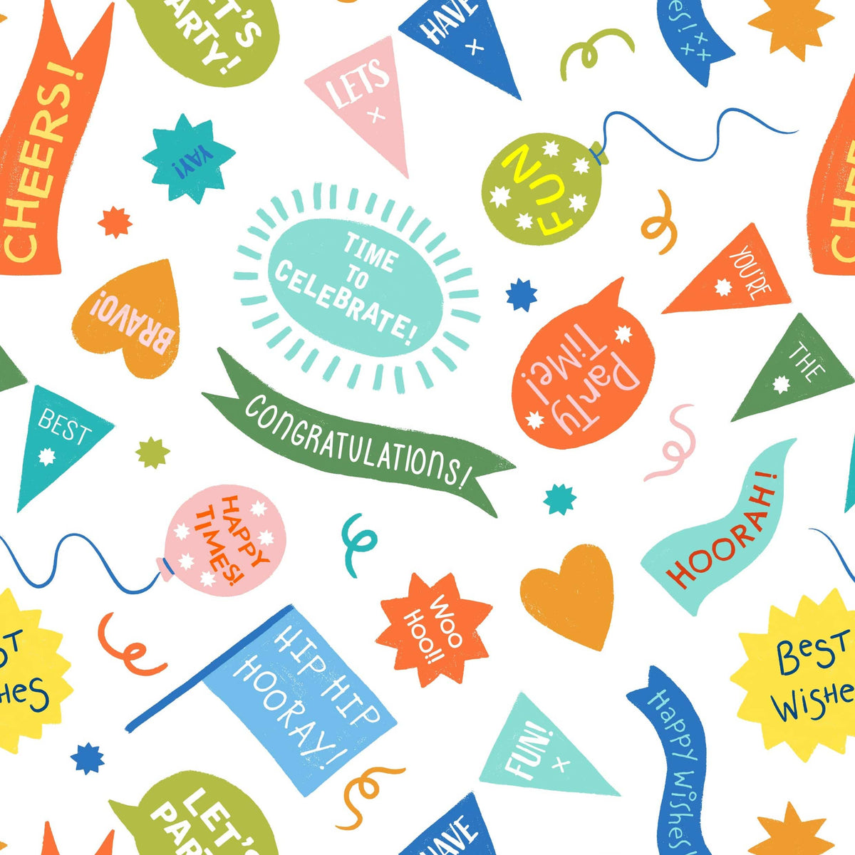 Colorful celebration fabric print featuring party phrases like Congratulations, Cheers, Hooray on white background