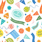 Colorful celebration fabric print featuring party phrases like Congratulations, Cheers, Hooray on white background