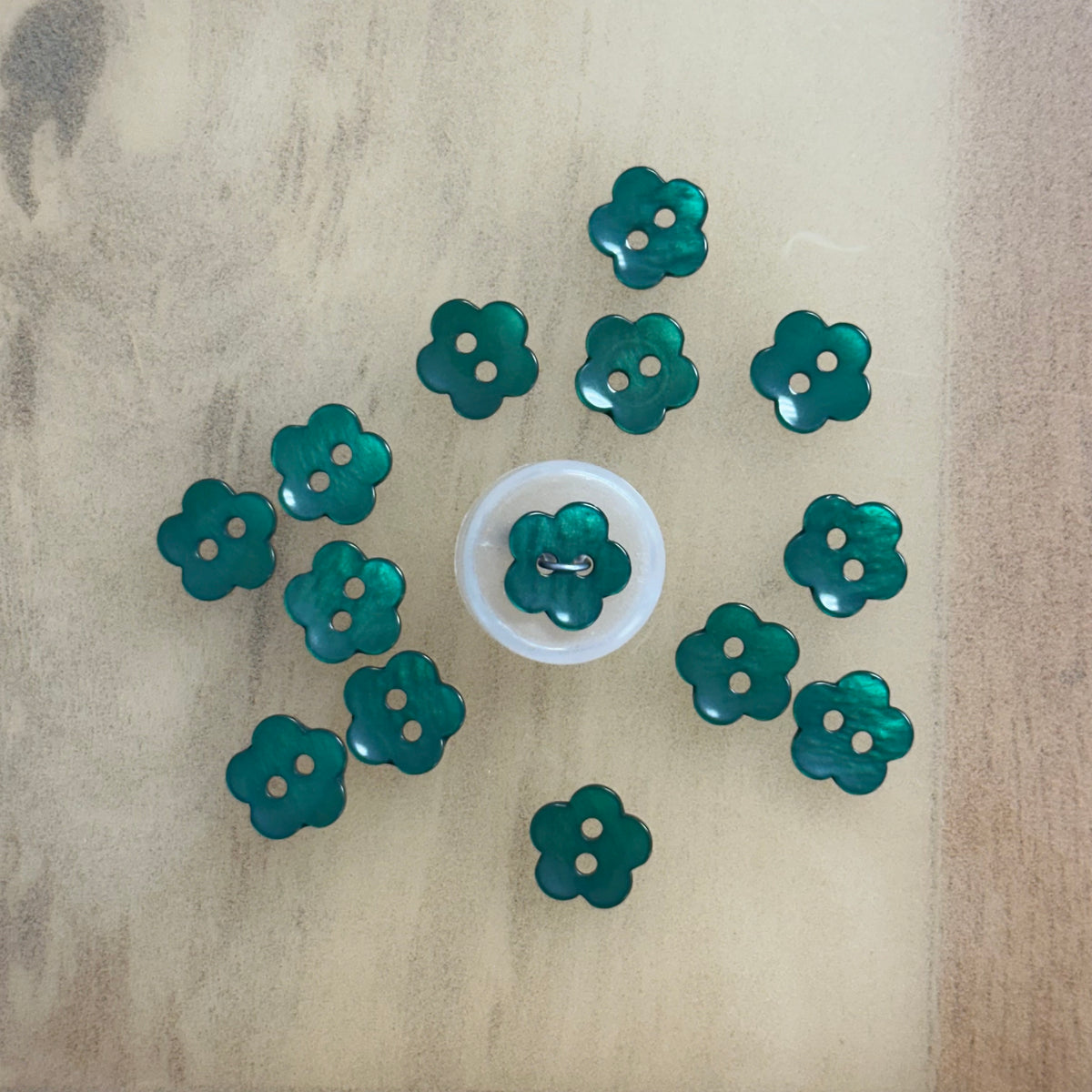 Teal green flower-shaped two-hole plastic buttons arranged in a circle on wood surface