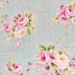 Yuwa double gauze fabric in soft blue with pink rose bouquet print