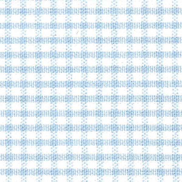Light blue and white gingham check woven cotton fabric close-up swatch