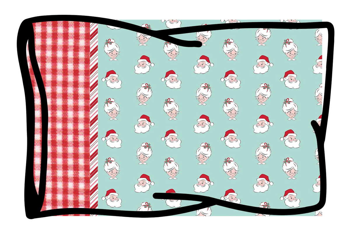 Christmas pillowcase kit with Santa and Mrs. Claus faces on mint, red gingham fabric