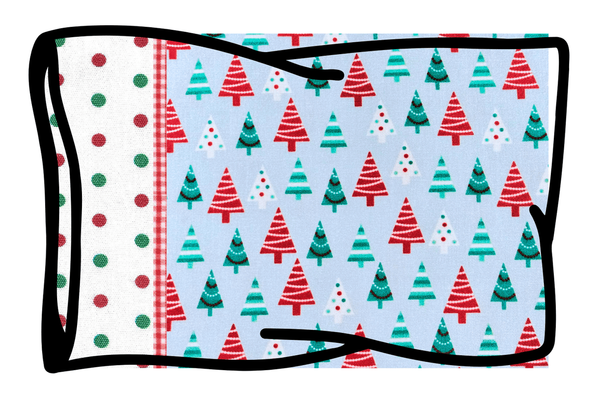 Christmas pillowcase kit with festive tree print fabric and polka dot accent panel