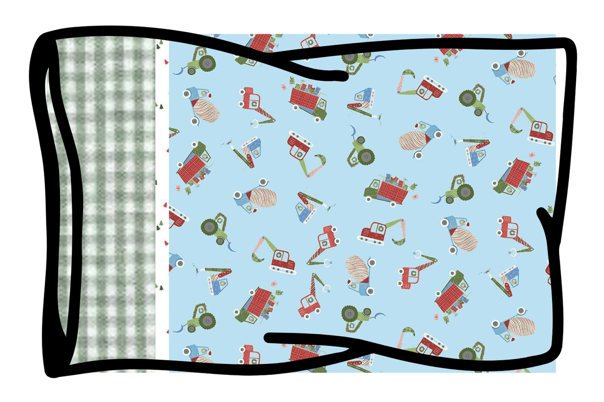 Christmas pillowcase kit with blue construction trucks print and green gingham fabric panel