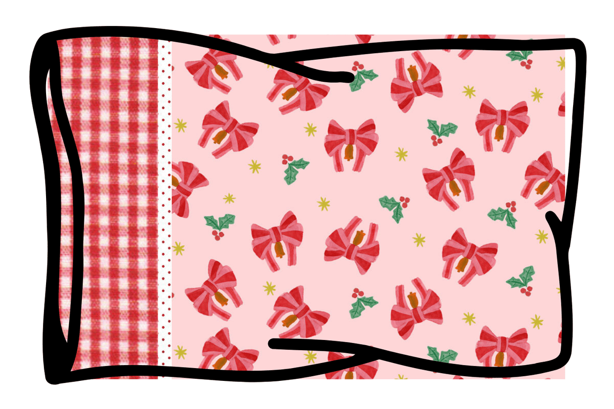 Christmas pillowcase kit with pink bow print fabric and red gingham accent panel