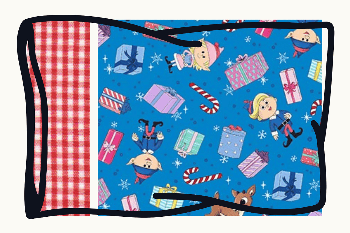 Rudolph Christmas pillowcase kit, blue novelty fabric with red gingham cuff
