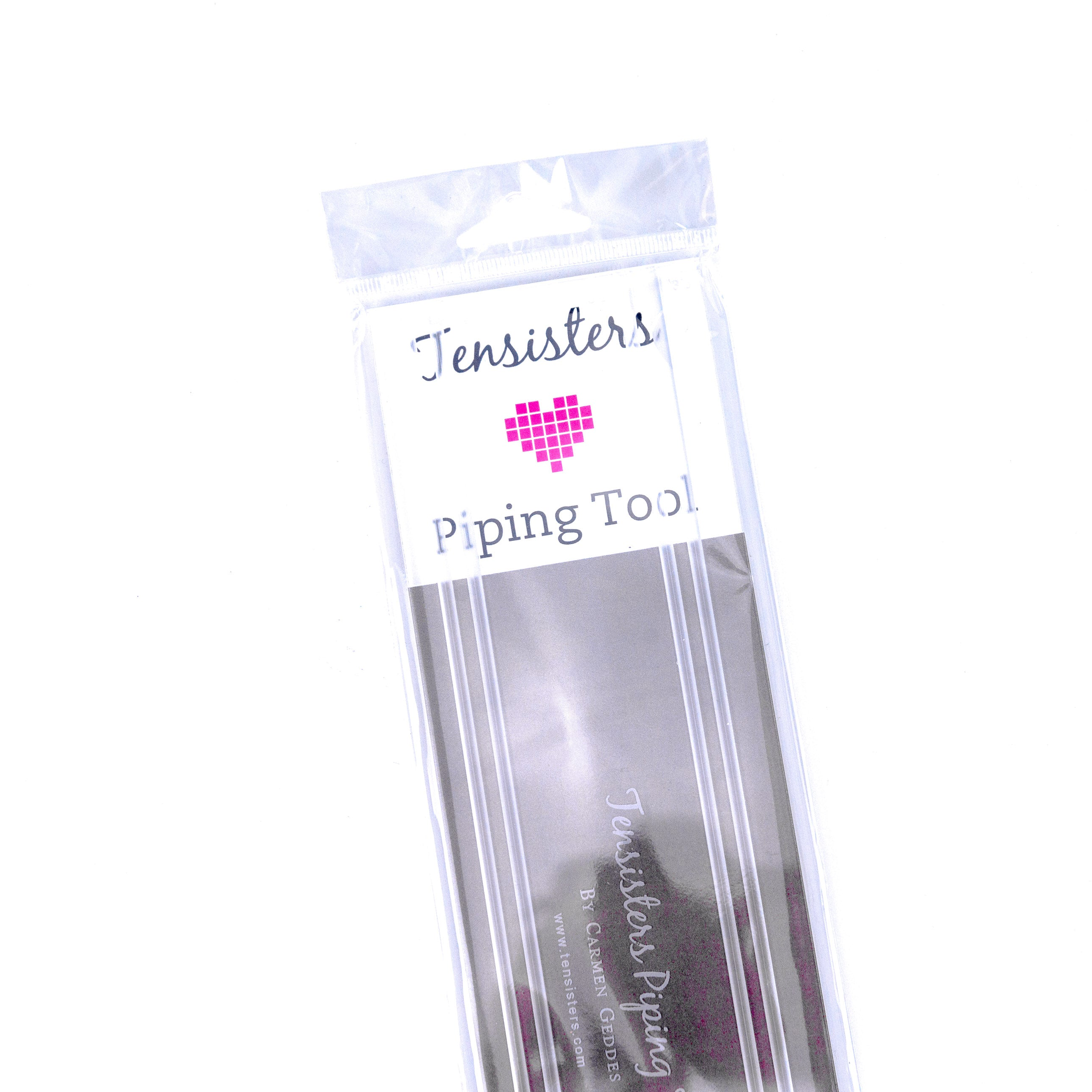 Tensisters Piping Tool in clear sealed packaging with pink pixel heart logo