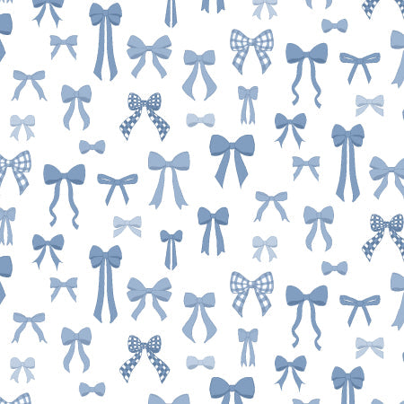 White fabric with scattered blue ribbon bows in various sizes and patterns