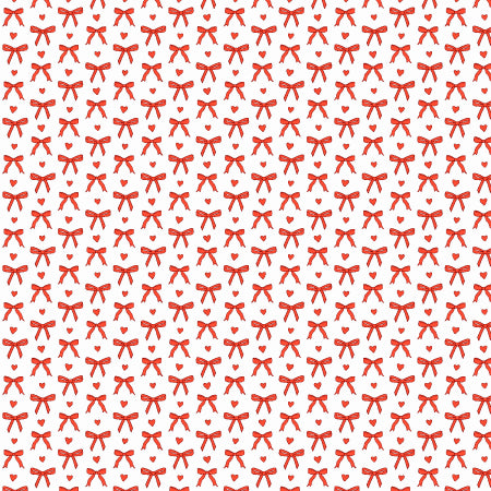 White cotton fabric with red bows and small hearts repeating pattern