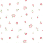 White cotton knit fabric with scattered small pink rose and bud print pattern
