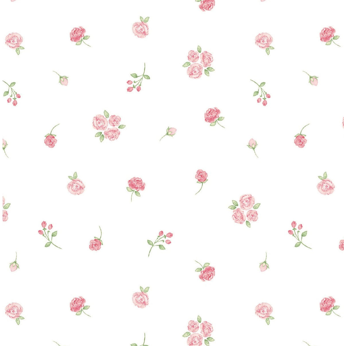 White cotton knit fabric with scattered small pink rose and bud print pattern