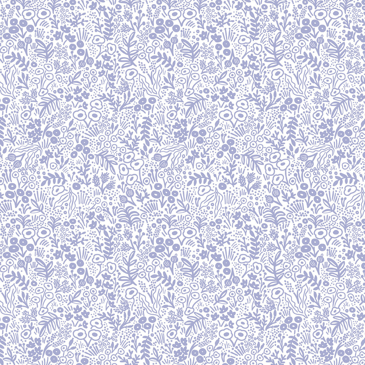 Periwinkle blue floral and botanical doodle print on white cotton fabric