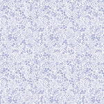 Periwinkle blue floral and botanical doodle print on white cotton fabric