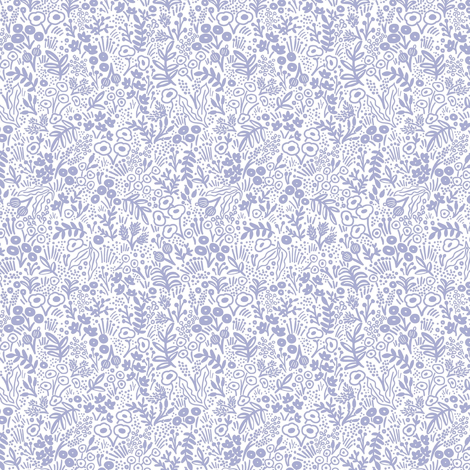 Periwinkle blue floral and botanical doodle print on white cotton fabric