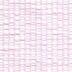 Pink and white seersucker check woven cotton fabric with textured grid pattern