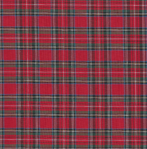 Red tartan plaid fabric with green, blue, and white woven checkered pattern