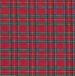 Red tartan plaid fabric with green, blue, and white woven checkered pattern