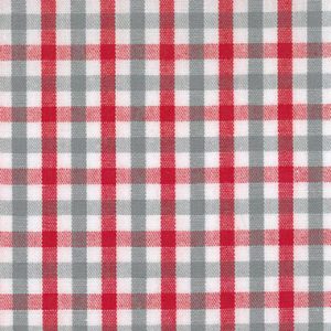 Red and gray woven gingham check fabric with white background, small plaid pattern