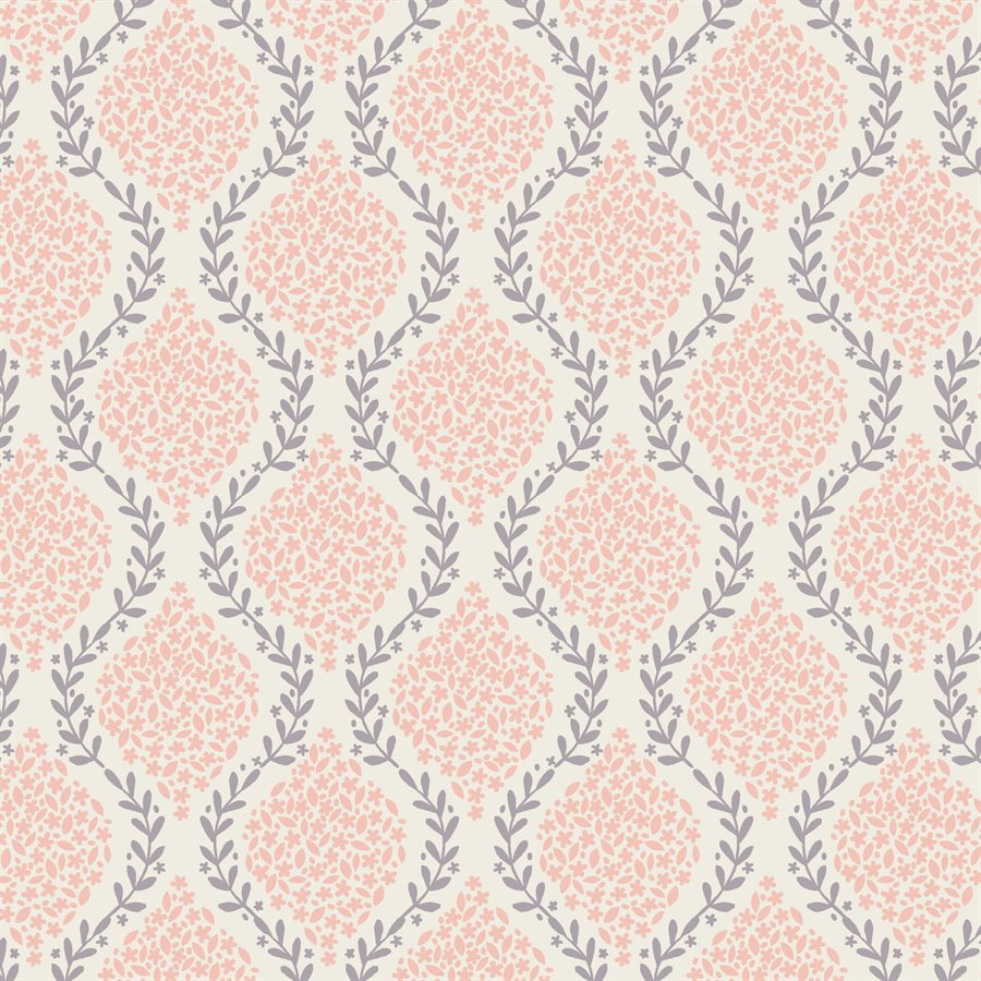 Pink floral medallion trellis fabric with gray botanical vine lattice on cream background