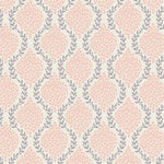 Pink floral medallion trellis fabric with gray botanical vine lattice on cream background
