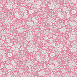 Bright pink cotton fabric with dense white floral botanical outline print